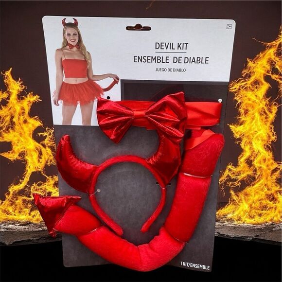 New 3 Piece Red Devil Costume Kit Headband/Collar/Tail Halloween Party Dress Up - Picture 1 of 5